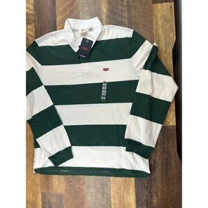 Levis Mens Classic Rugby Shirt Long Sleeve Striped Green White Relaxed Fit Sz M